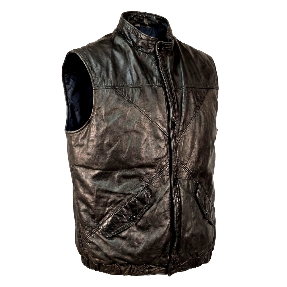 Vtg 70s Leather Vest Snap Front Diagonal Panel Black Biker Dark Academia Metal